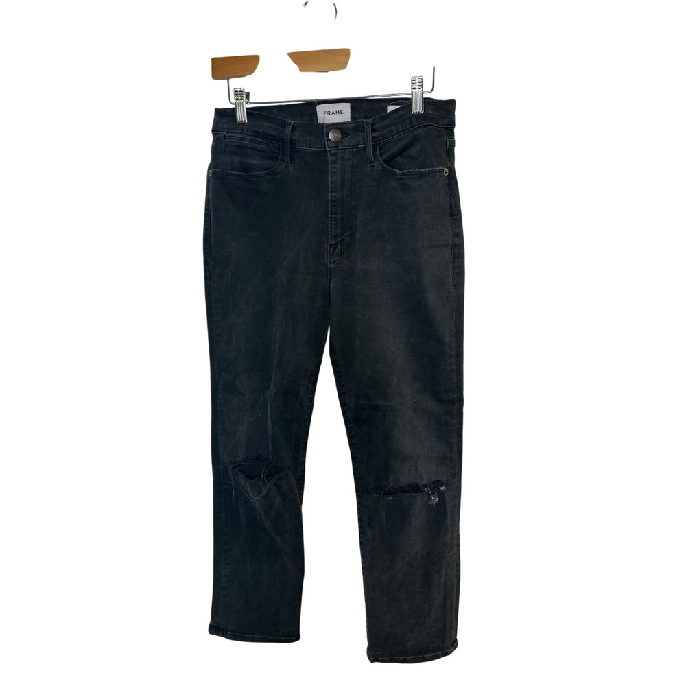 FRAME Le High Straight Maverick‎ Rips Black Distressed Jeans Womens Size 30